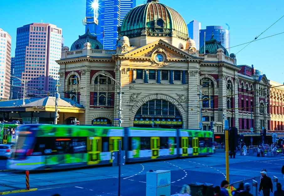 Melbourne tram passing by Flinders Street Station