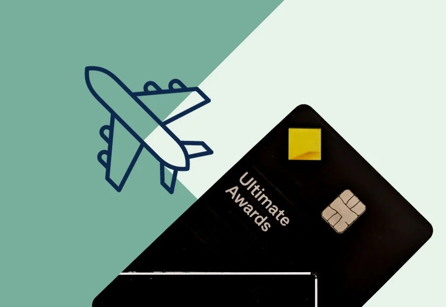 image of credit card on greenish background and image of a plane