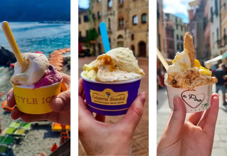 3 photos of gelato each being held in a different location