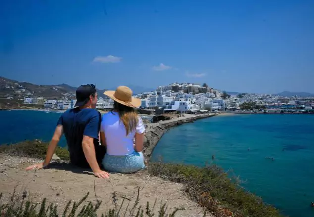 Tim and Eva sitting together with view over Naxos