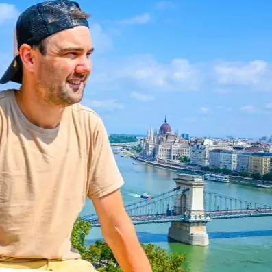 Tim looking at view over Budapest and river