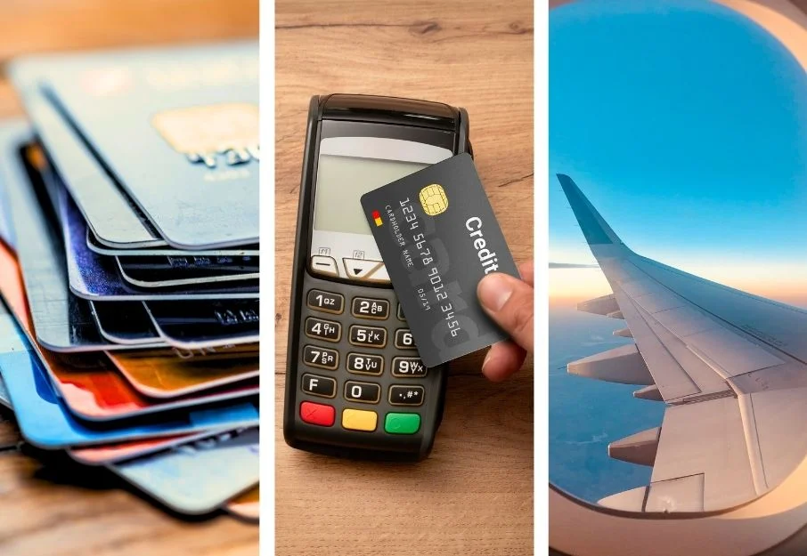 Three images laid horizontal, a travel card, an payment machine, and a plane wing