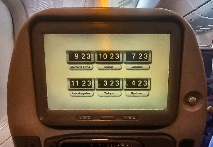 Airplane seat screen showing times around the world
