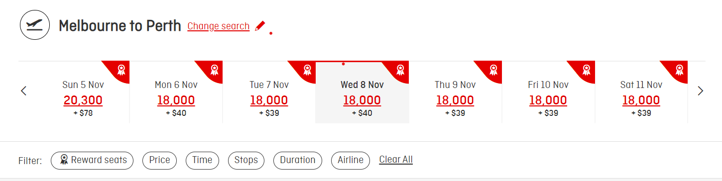 screenshot Qantas Website Points plus pay Melbourne to Perth