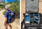 left, man walking towards Turkish coast with backpack. Right, Tenba camera bag storage