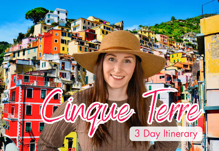 Lady with sunhat on in front of Cinque Terre Town