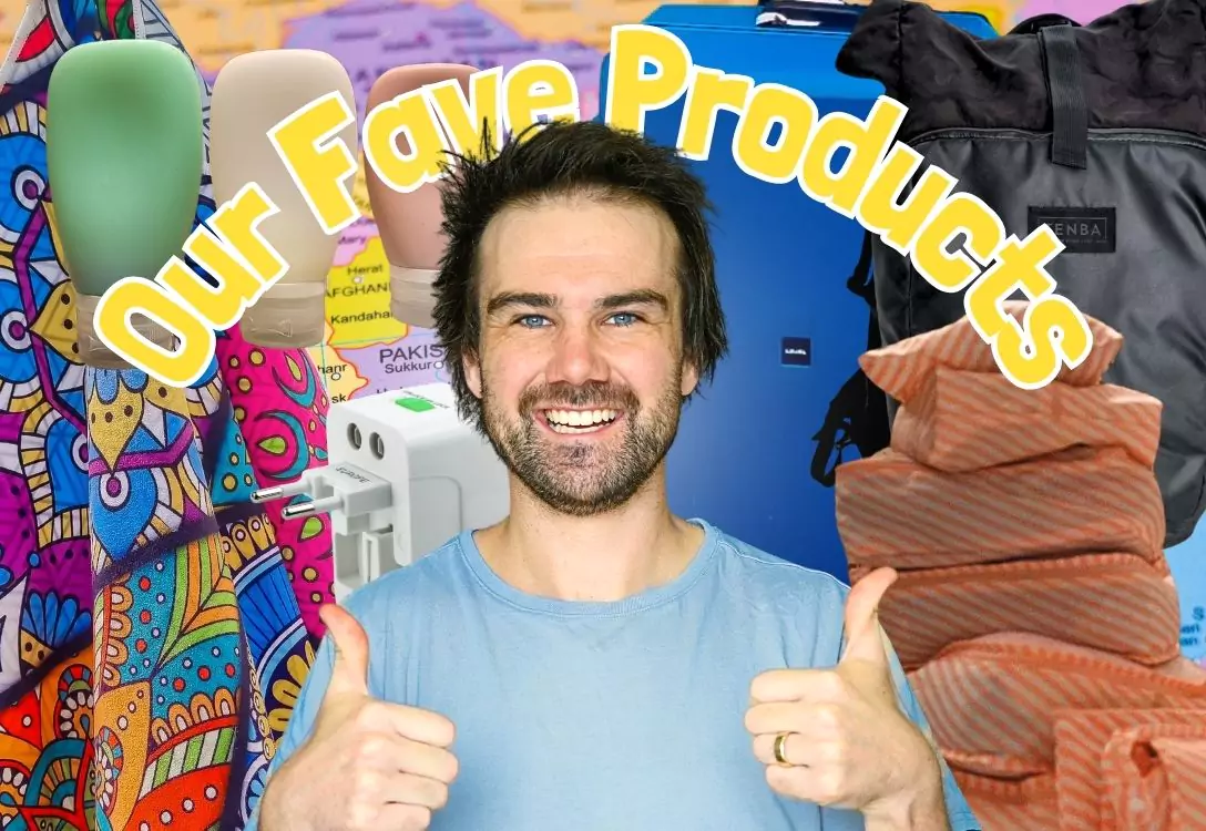 Collage of travel products with man giving a thumbs up in front