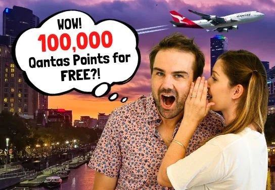 Woman whispering in mans ear that you can get qantas points for free